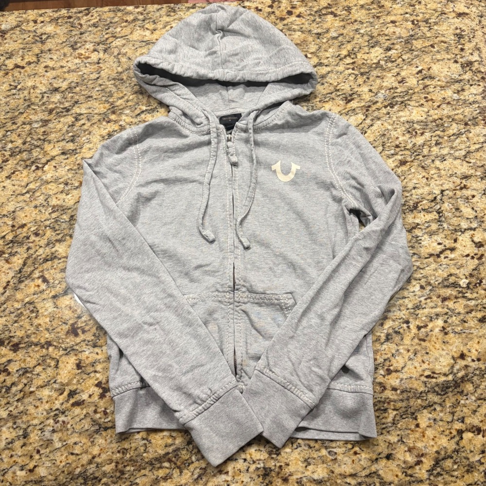 True Religion Womens Heather Gray Thick Stitch Zip Up Hoodie Horseshoe Logo M ws